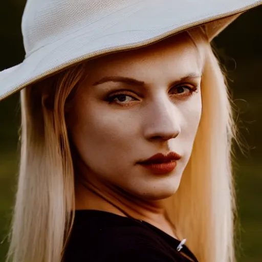 Image similar to a very beautiful still of a beautiful white blonde - haired woman with a pony tail and leaning her hat slightly backwards, golden hour, lascivious look into the camera, front shot very close - up hyper detailed eyes, hyper detailed hair