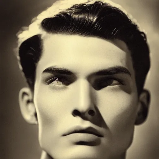 Prompt: a beautiful close - up of a black - haired man from the 1 9 4 0 s. high cheekbones. good bone structure. dressed in 1 9 4 0 s style. butterfly lightning. key light sculpting the cheekbones. by george hurrell.