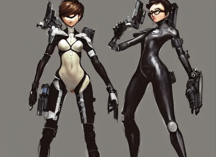 Prompt: a highly detailed beautiful portrait of tracer from overwatch as 2 b nier automata wearing a skintight suit, concept art, by gregory manchess, james gurney, james jean