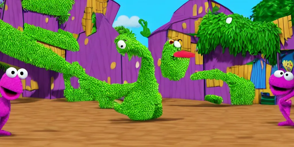 Image similar to Screenshot from “Barney vs Sesame Street” for the PS2