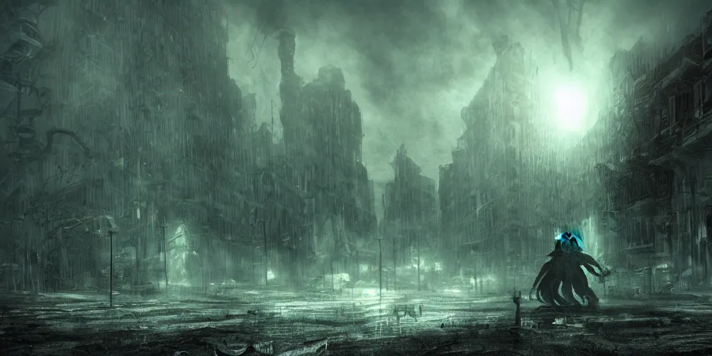 Prompt: cthulhu destroying a post apocalyptic city, dark, trending on artstation, digital art, fog, sun flare, rain