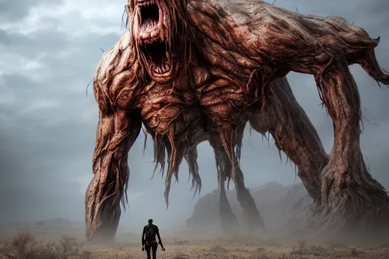 Prompt: looking up at a tall humongous angry monster made of flesh standing tall in the desert, elden ring boss, realism, photo realistic, high quality, misty, hazy, ambient lighting, cinematic lighting, studio quality,