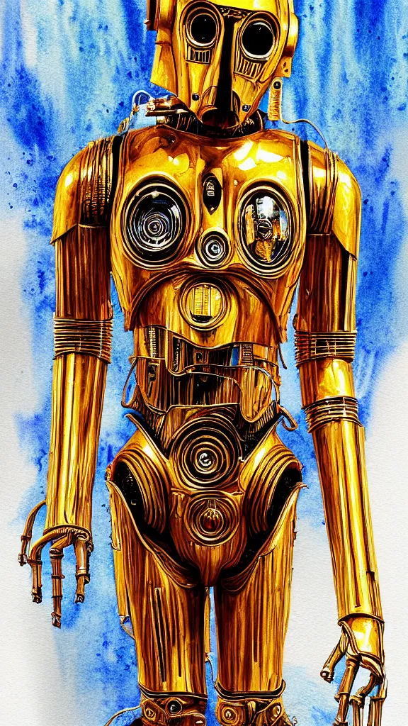 Image similar to a portrait of c - 3 po in a watercolor style. faded wash. style of robert hagan. color harmony, 8 k detail, gallery quality, hd wallpaper, premium prints available, hyper - detailed, intricate design.