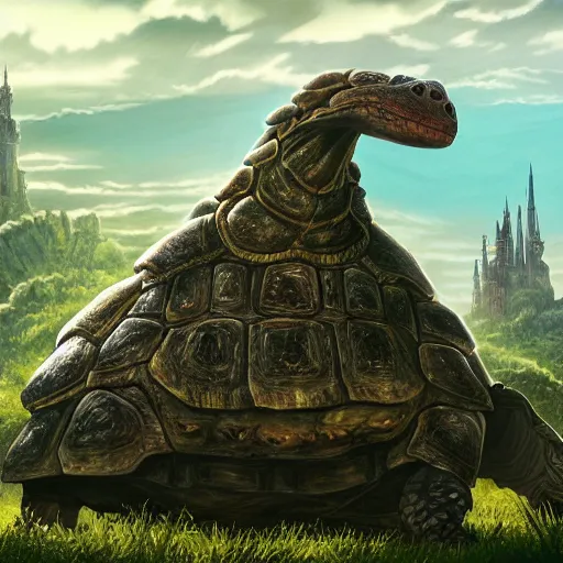 Image similar to large fantasy castle riding on the top of a giant tortoise, towering over a harsh wasteland with sharp rays of sunlight, howls moving castle, mortal engines, kaiju, distant - mid - shot, fantasy, hyper detailed, 4 k