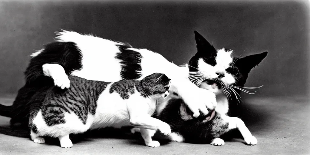 Image similar to very old black and white film photography of a silly animated cat giving a grumpy dog a back rub, real, year 1888, archive