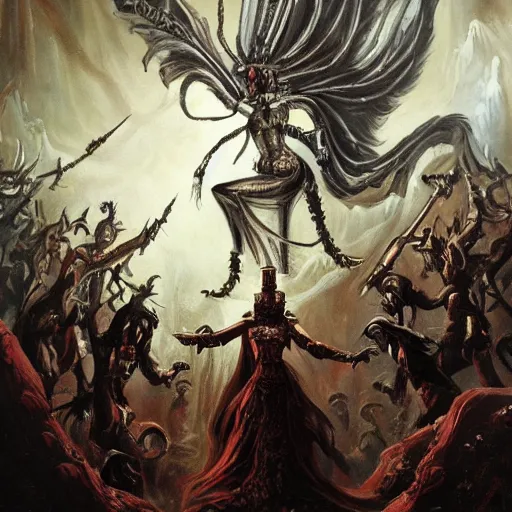 Image similar to a ghost queen triumphs over a legion of demons, a painting of an ancient kingdom under the rule of a ghost queen