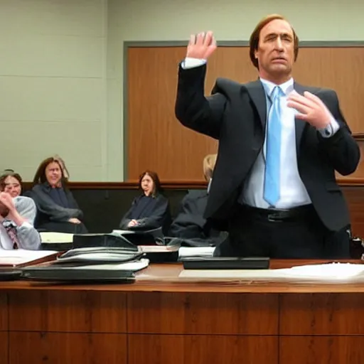 Image similar to saul goodman doing t - pose in courtroom to intimidate prosector