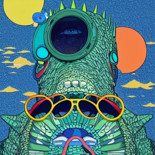 Prompt: a portrait of godzilla with sunglasses in front of the camera by takashi murakami, beeple and james jean, aya takano color style, 8 k, super detailed, night sky, digital art, digital painting, celestial, majestic, colorful, front