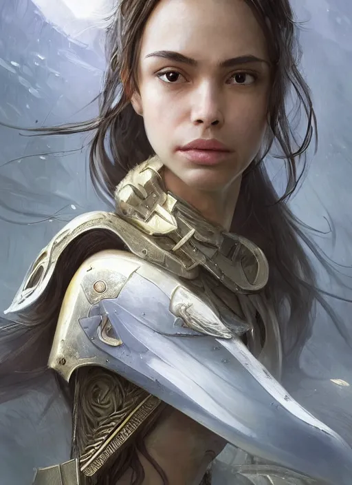 Image similar to a professional portrait of a beautiful young female, clothed in ethereal battle armor, olive skin, long dark hair, beautiful bone structure, symmetrical facial features, intricate, elegant, digital painting, concept art, smooth, sharp focus, finely detailed, illustration, from Valerian and the City of a Thousand Planets, in the style of Ruan Jia and Mandy Jurgens and Artgerm and Greg Rutkowski and William-Adolphe Bouguerea