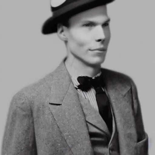 Image similar to A photograph portrait of Jerma985 wearing a suit with and fedora in the 1940s, taken in the early 1940s, grainy, taken on a 940s Kodak Camera, realistic, hyperrealistic, very realistic, highly detailed, very detailed, extremely detailed, detailed, digital art, trending on artstation