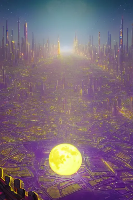 Prompt: full moon over futuristic city of light synthwave bright neon colors highly details cinematic vladimir kush, philippe dru, roger deal, michael whelan,