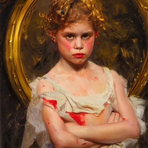 Prompt: portrait of a victorious young girl covered in blood in a golden light, highly detailed painting by gaston bussiere and j. c. leyendecker 8 k