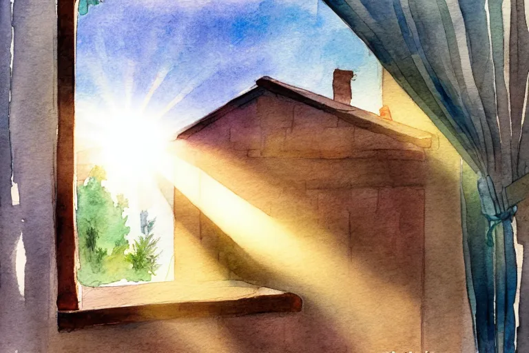 Prompt: rays of the morning sun shining through the window of the village house. very beautiful, clear sky, warm shiny colors, watercolor drawing