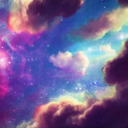 Image similar to sky with a rainbow and another section of the sky has fluffy clouds and the third section is a galaxy, concept art, trending on artstation octane render 8 k uhd, fitz henry lane, rossdraws