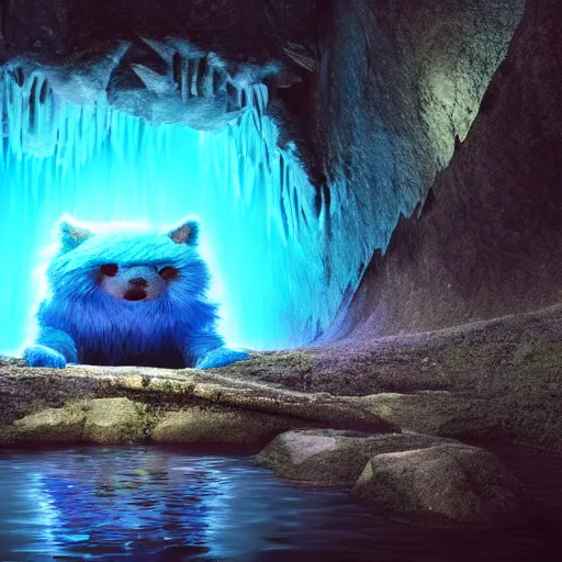 Image similar to a friendly blue furry monster in a cave meditating. glowing crystals. concept art. wet. reflections. waterfall. pond. dark background. semi-realistic. cgi render