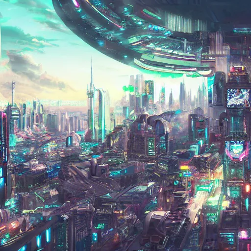 Image similar to cute cat looking down on huge cyberpunk style city, high detail, fantasy art, concept art, 4 k, ultra detail, computer art