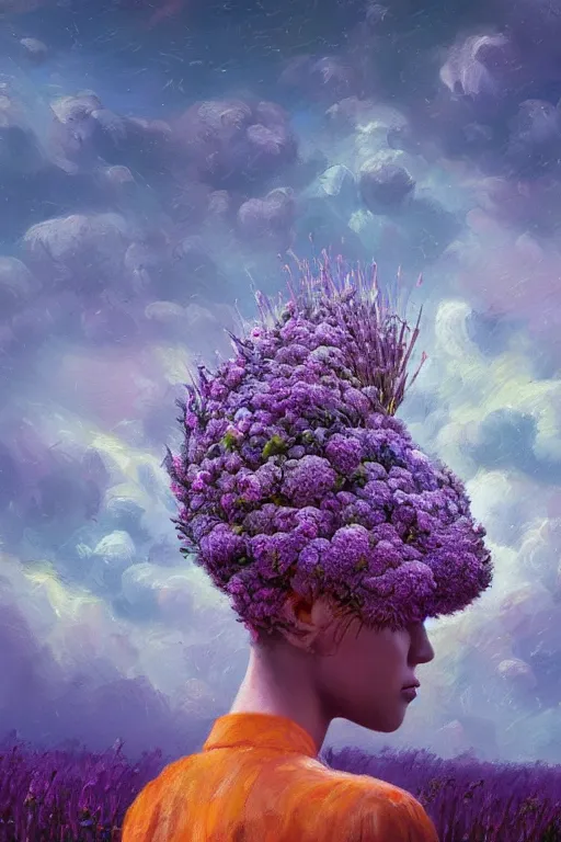 Image similar to closeup, giant flower head mohawk, woman in heather field, surreal photography, starlight, storm clouds, impressionist painting, digital painting, artstation, simon stalenhag