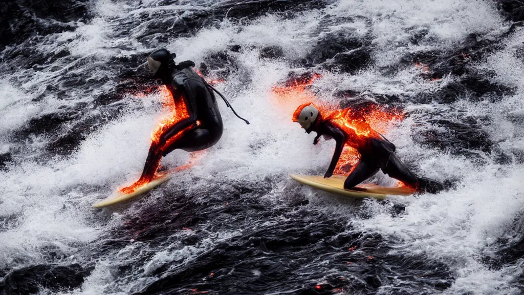 Image similar to person in armor surfing down a river of lava on the side of a volcano on surfboard, action shot, dystopian, thick black smoke and fire, motion blur, sharp focus, cinematic, closeup