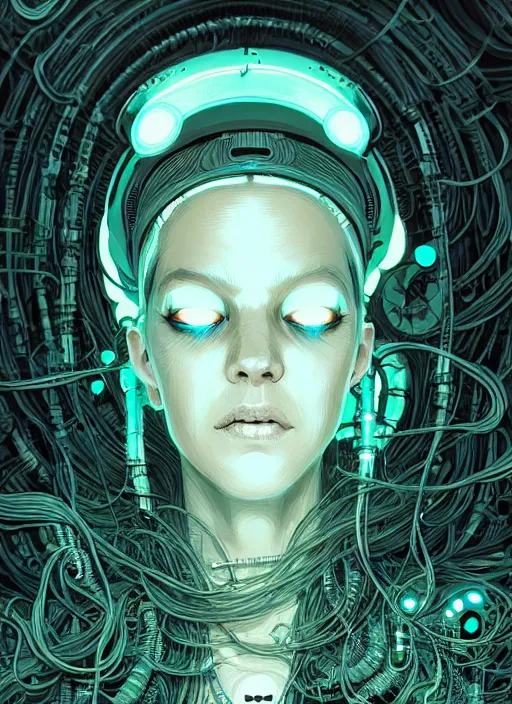 Image similar to highly detailed portrait of a biopunk long curly white hair tribal lady, stray wiring by atey ghailan, james gilleard, by joe fenton, by greg rutkowski, by greg tocchini, by kaethe butcher, 4 k resolution, gradient green, black and white color scheme!!! ( ( irradiated robotic cavern background ) )