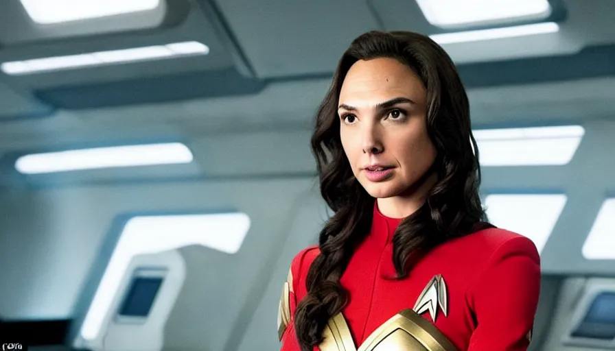 Image similar to Gal Gadot, wearing a red uniform, is the captain of the starship Enterprise in the new Star Trek movie