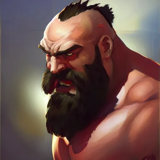 Image similar to greg manchess portrait painting of armored zangief from street fighter as overwatch character, medium shot, asymmetrical, profile picture, organic painting, sunny day, matte painting, bold shapes, hard edges, street art, trending on artstation, by huang guangjian and gil elvgren and greg rutkowski