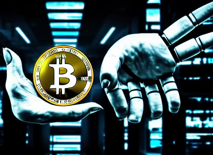 Image similar to mechanical cybernetic hand holds a bitcoin. centered. horror cyberpunk dystopia style. highly detailed 8 k. intricate. nikon d 8 5 0 3 0 0 mm. award winning photography.