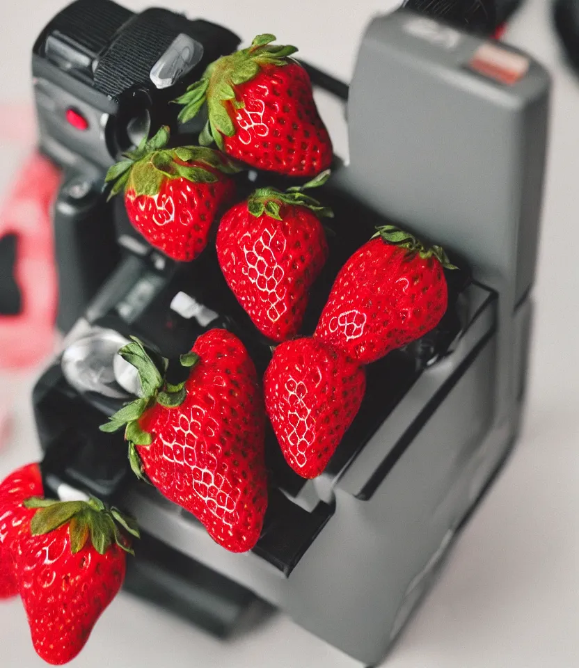 Image similar to the long red heart of a strawberry instamatic polaroid flash photography