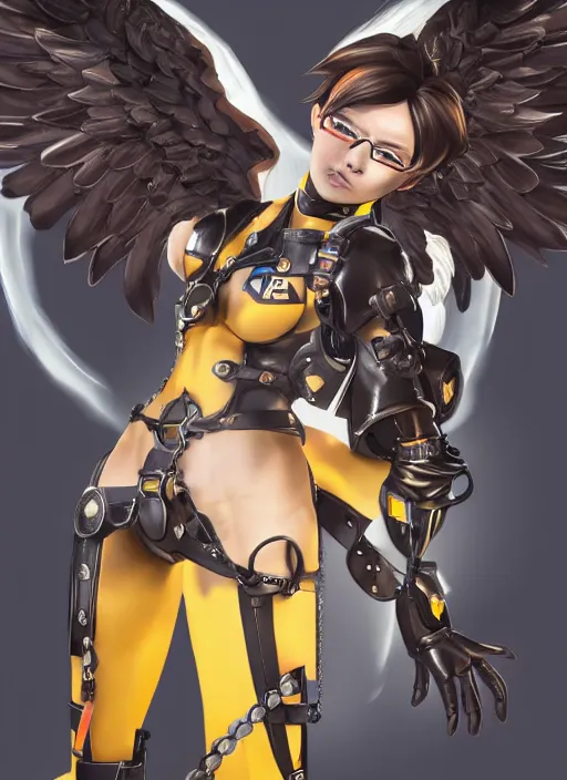 Prompt: full body of tracer overwatch, angel wings, dramatic painting, symmetrical composition, wearing detailed leather collar, black shiny armor, chains, black harness, detailed face and eyes,