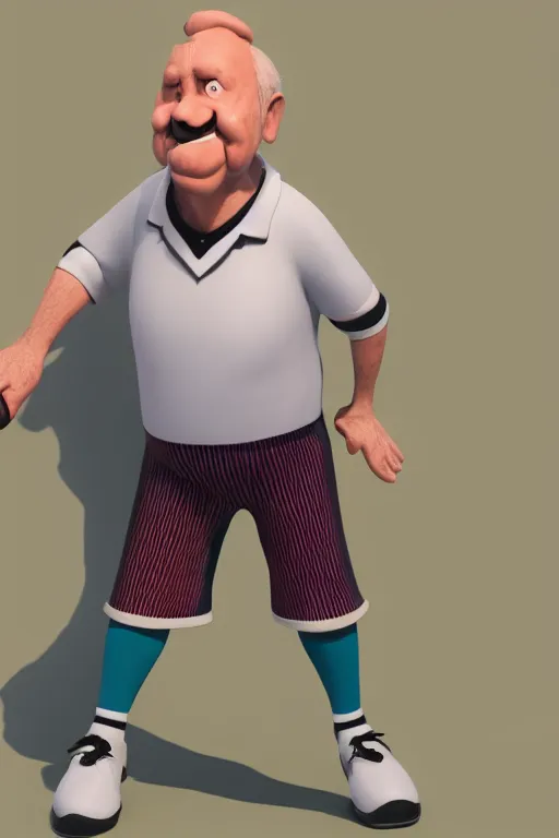 Image similar to a stylized 3 d old man character bowling, wearing short shorts, long socks and a bowlers shirt