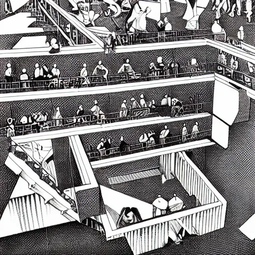 Image similar to a m. c. escher style drawing of influencer culture