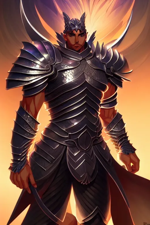 Image similar to Full body character concept art of an anime draconian warrior knight, iridescent scales, cool face, muscular, by Stanley Artgerm Lau, WLOP, Rossdraws, James Jean, Andrei Riabovitchev, Marc Simonetti, and Sakimichan, tranding on artstation