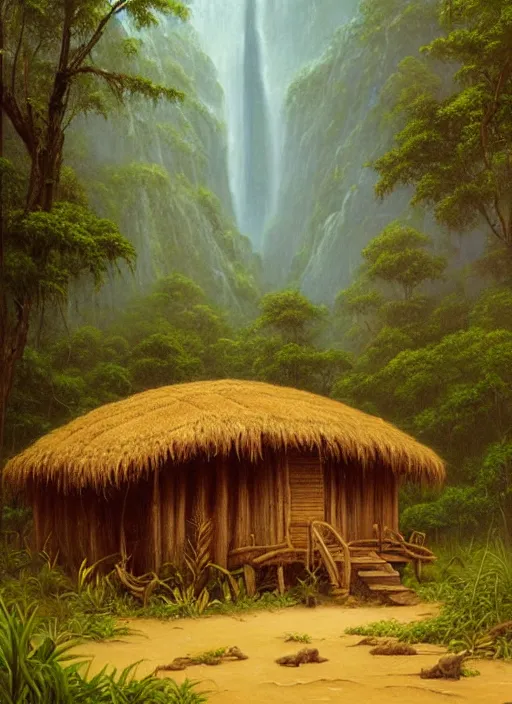 Prompt: a beautiful painting of a small and simple indigenous hut lost deep in the amazon jungle near a river, matte painting, art by christophe vacher