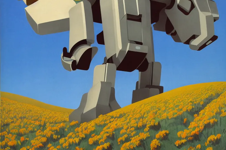 Image similar to giant mecha robot, blooming hills with spring flowers and pillars by helen lundeberg