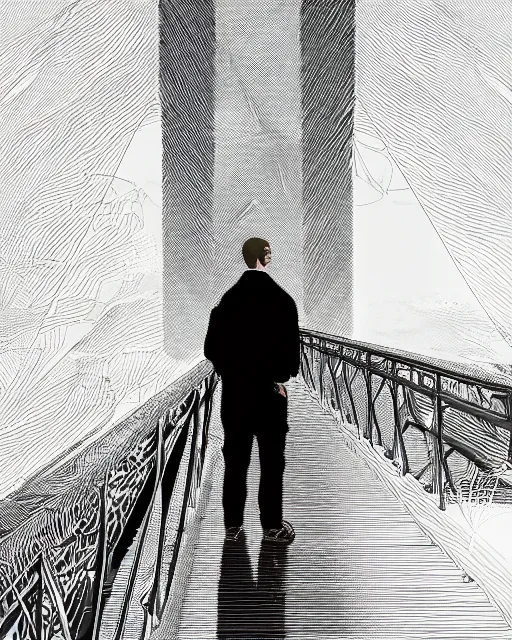 Prompt: portrait of a man standing on a bridge, detailed illustration, digital art, trending on artstation, martin ansin,