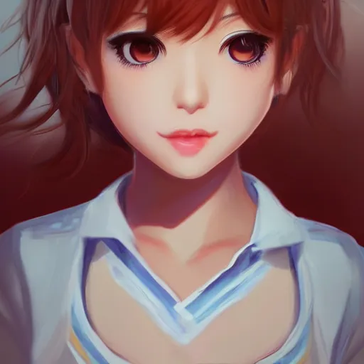 Image similar to portrait of Sayori from DDLC, detailed facial features, optimistic colors, bright eyes, warm smile, delicate, by artgerm