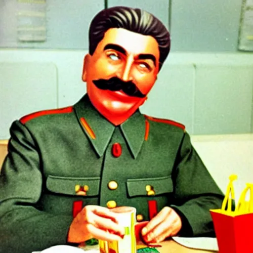 Image similar to joseph stalin enjoying a happy meal at mcdonald's