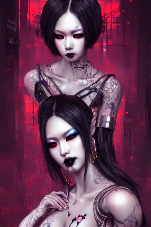 Image similar to soft lustrous ebony asian geisha goddess yakuza biotech raver gothic cyborg, cyberpunk city, urban decay, decay, underworld, dark art, highly detailed, digital painting, octane render, artstation, concept art, smooth, sharp focus, illustration, art by artgerm, loish, wlop