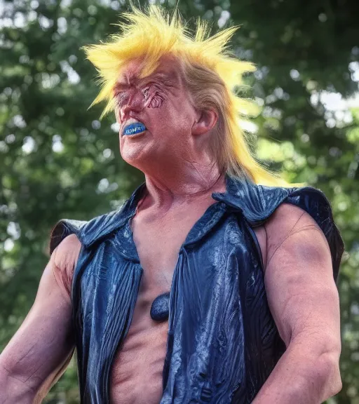 Prompt: award winning 5 5 mm close up portrait color photo of trump as songoku, in a park by luis royo. soft light. sony a 7 r iv