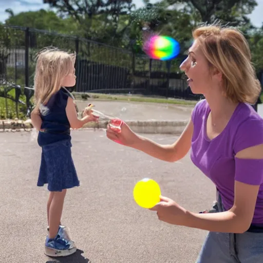 Image similar to A mom catching a girl blowing an enormous soap bubble, 8k