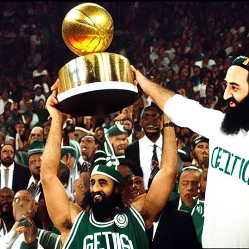 Image similar to photo of osama bin laden lifting nba larry o'brien trophy, boston celtics