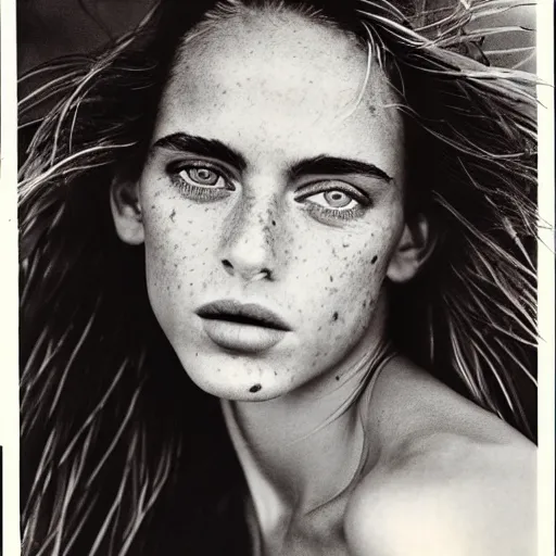 Image similar to a beautiful professional photograph by herb ritts for the cover of vogue magazine of a beautiful lightly freckled and unusually attractive female fashion model looking at the camera in a flirtatious way, zeiss 5 0 mm f 1. 8 lens