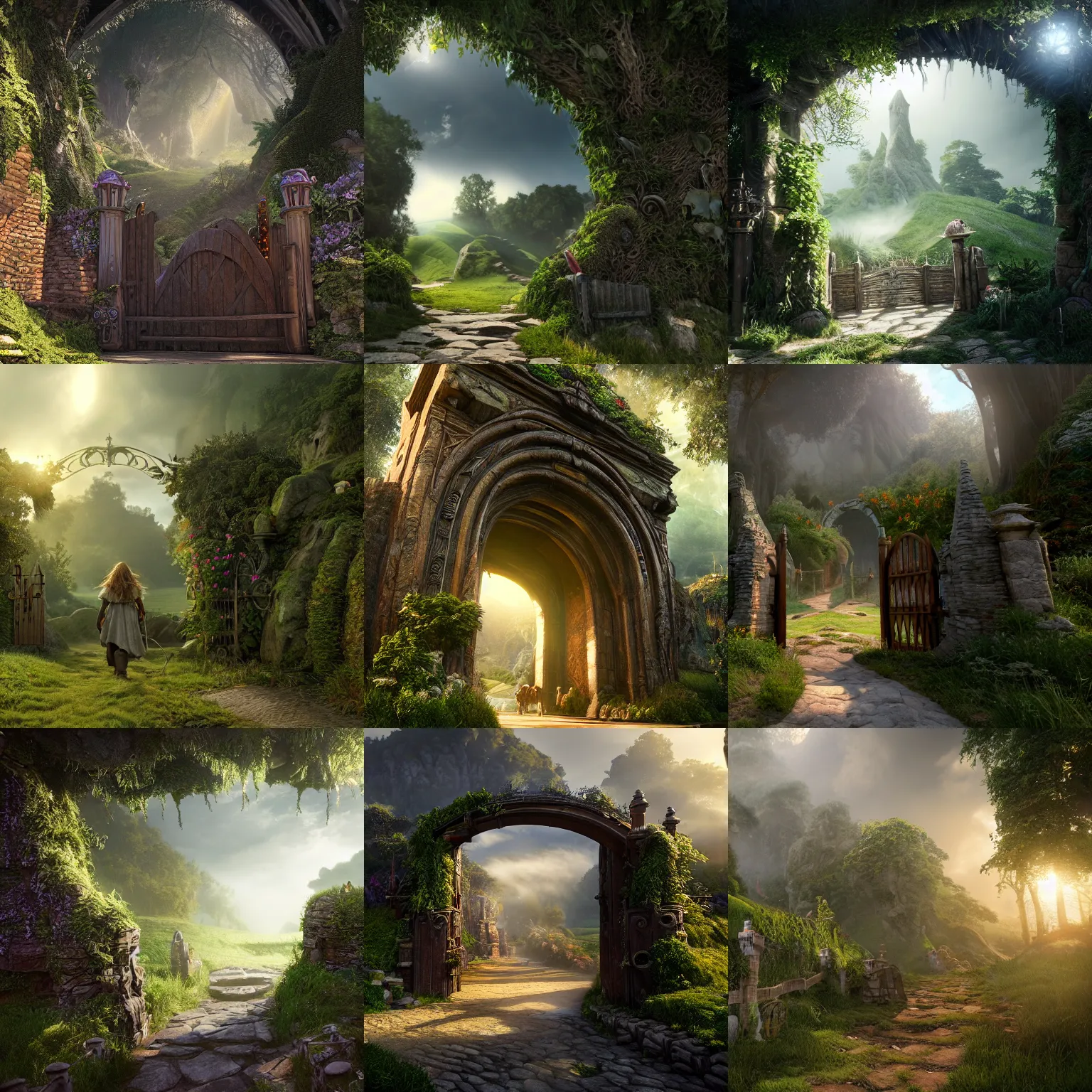 Prompt: entering the gates to the shire, intricate detail, volumetric lighting, epic composition, hyper detailed, ultra realistic, sharp focus, octane render, volumetric, ray tracing, sense of awe, swirling mist, 4 k