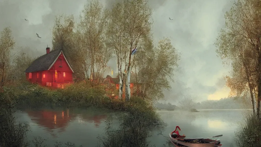 Image similar to small red wooden cottage by the lake, lanterns in the front of the cottage, smoke coming out of the chimney, dusk, birch trees, tranquility, two swans swimming in the lake, a rowing boat, by Greg Rutkowski, by Charlie Bowater