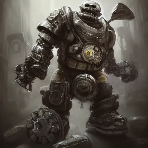 Image similar to anthropomorphic Penguin (Five Nights at Freddy's) in Gears of War cover art, ultra wide lens shot , tiny, small, short, cute and adorable, pretty, beautiful, DnD character art portrait, matte fantasy painting, eerie, DeviantArt Artstation, by Jason Felix by Steve Argyle by Tyler Jacobson by Peter Mohrbacher, cinematic lighting