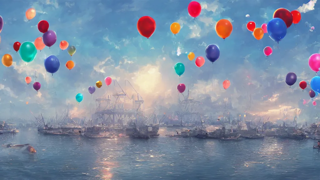 Image similar to a lot of birthday balloons floating above a beautiful maritime port. digital art. artstation cgsociety masterpiece