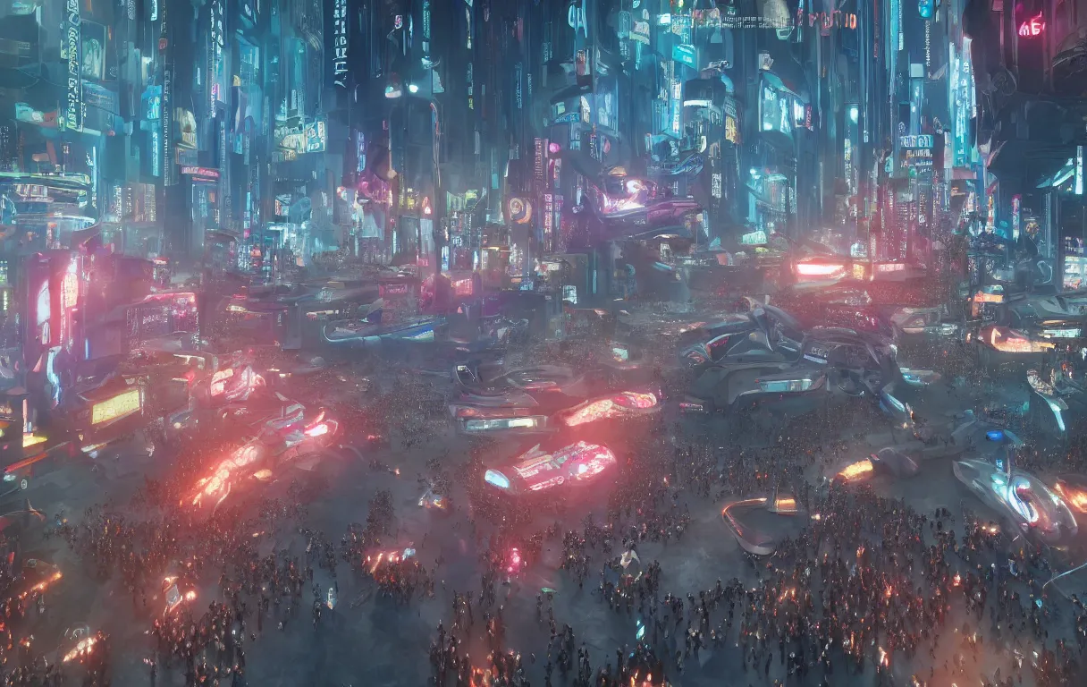 Image similar to photograph a crowd of people surrounding a giant female biomorphic cyborg in middle of futuristic blade runner 2 0 4 9 seoul korea, by jean moebius giraud, beeple, greg rutkowski. octane render. in the style of the fifth element, cyberpunk 2 0 4 9.