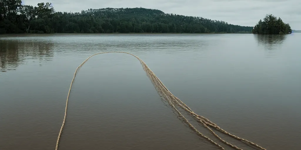 Prompt: centered photograph of a single line of big infinite long rope tan floating on the surface stretching out to the center of the lake, a dark lake sandy shore on a cloudy day, color film, trees in the background, hyper - detailed color photo, anamorphic lens