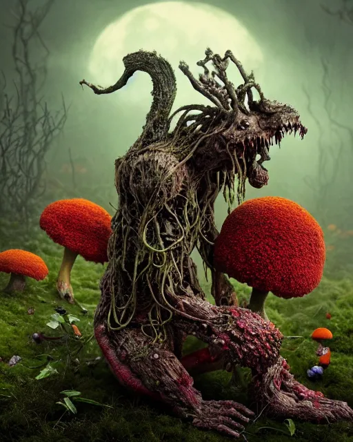 Image similar to a extremely disturbing horror photograph of a fantasy creature made out of nature and flowers and fungus, intricate, hyperrealism, sharp focus, cinematography, highly detailed, octane render, horror cgi 4 k, matte, photograph by professional photographer