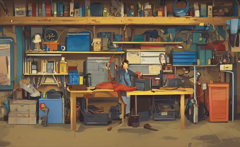 Image similar to village detective in his garage office, workshop, james gilleard, print, game art