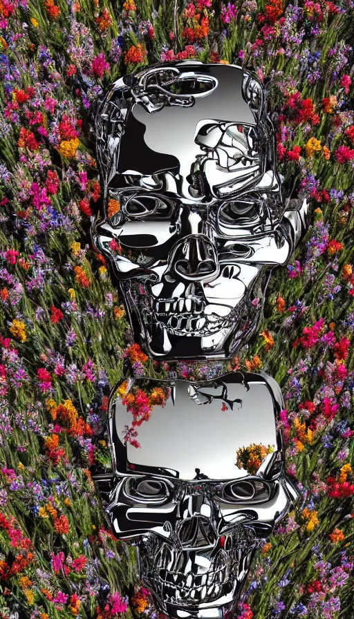 Image similar to destroyed terminator lying in a field of flowers, twisted metal, chrome, reflections, anthropomorphic, photorealism, smoke, metal, 8 k, surreal, wires, smooth, sharp focus, top view, extremely detailed, hyperrealism, elegant, establishing shot, by jeff koons, artgerm and greg rutkowski